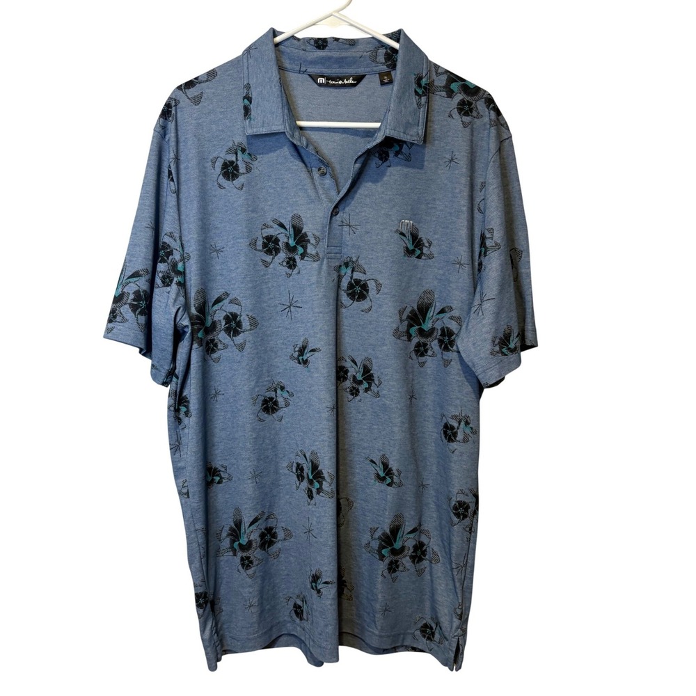 Travis Mathew Polo Shirt Mens XL Blue Floral Print Short Sleeve Golf Performance